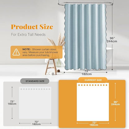 BTTN Extra Long Shower Curtain, 72x96 Boho Scalloped Linen Textured Heavy Duty Fabric Shower Curtain Set with 12 Hooks, Large Elegant Modern Waterproof Washable Shower Curtains for Bathroom, Fog Blue