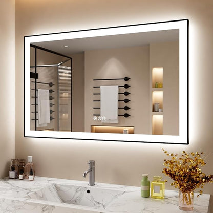 48x32 Inch LED Bathroom Mirror with Black Frame | Black Metal Frame, Front and Backlit, 3 Colors, Dimmable, Memory, Anti Fog, Tempered Glass, Lighted Mirror for Wall