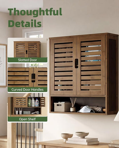 SMIBUY Bathroom Cabinet Wall Mounted, Bamboo Over-The-Toilet Storage Organizer, Space Saver Medicine Cabinet with 2 Door and Adjustable Shelves (Walnut)