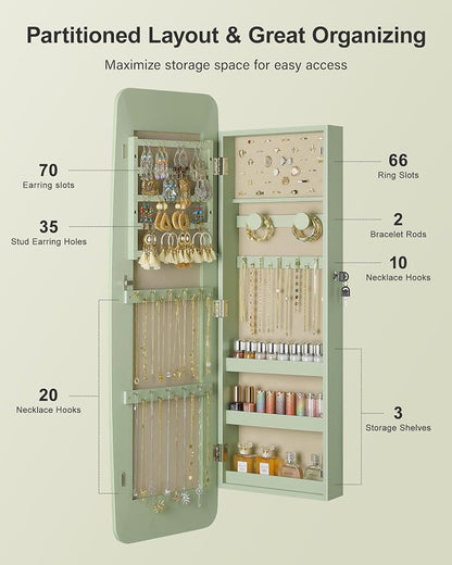 Nicetree Rounded Mirror Jewelry Cabinet, Lockable, Wall Mounted, Green | Hanging Jewelry Armoire Organizer, Rounded Armoire with Full Length Mirror,Wide Mirror with Storage,Gift Idea,Lock