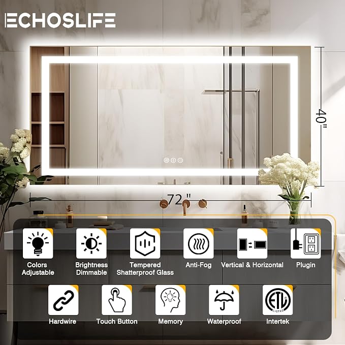 EchosLife 72"x40" Large LED Bathroom Mirror with Lights | Backlit + Front Lit, Anti-Fog, Stepless Dimmable, 3 Colors, Memory, Tempered Glass, UL Listed, Horizontal/Vertical