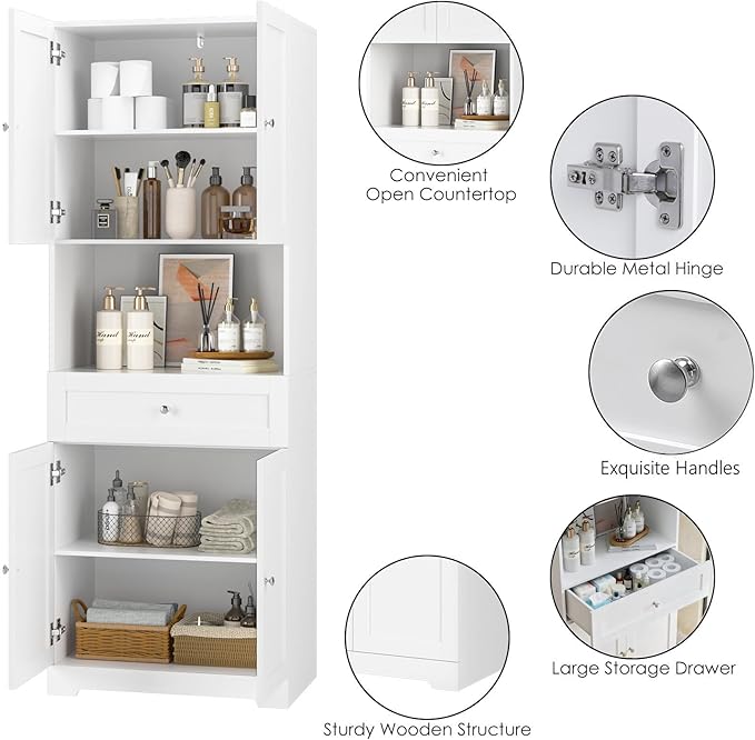 HIFIT Tall Bathroom Storage Cabinet with Drawer, Modern Linen Cabinet,White | 67"H Tall Storage Cabinet with Doors & Shelves, Freestanding Kitchen Pantry for Bathroom, Dining Room, Laundry, Narrow Corner