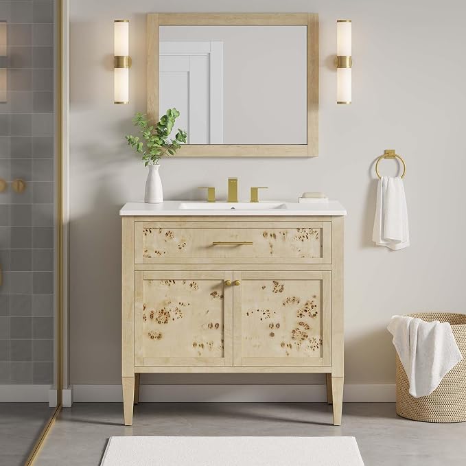 Modway Elysian 36" Wood Bathroom Vanity in White Burl with Ceramic Sink Basin