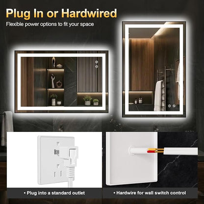 LED Bathroom Mirror with Light, 24x36 Vanity Mirror for Wall with Frame | Anti-Fog, Dimmable 3 Colors, Memory Function, Backlit and Front Lit, Shatter-Proof Glass, Plug-in/Hardwired