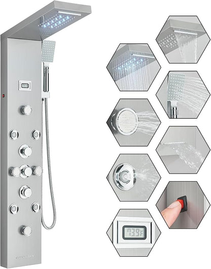 FUZ Shower Panel Tower System, Stainless Steel 6 IN 1 Shower Panel System with LED Fancy Rain Shower Head and Handheld, Adujstable Rainfall Massage Body Jets and Tub Spout, Brushed Nickel Shower Tower