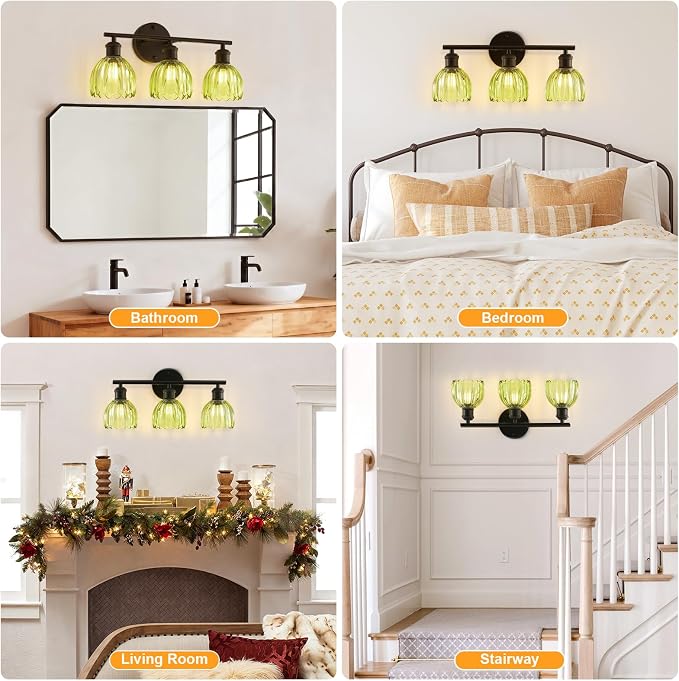 Bathroom Light Fixtures, 3-Light Brushed Black Vanity Lights for Bathroom with Green Tulip Glass Shade, 20" Vintage Bathroom Vanity Lighting Fixtures Over Mirror for Bedroom Living Room Hallway
