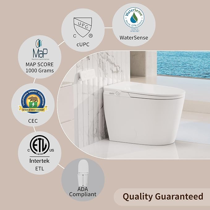 Luxury Smart Toilet, Bidet Toilet with ADA Chair Height, Auto Open/Close, 1000 Gram MaP Auto Flush, Warm Water/Dryer, Deodorization, Elongated Heated Seat, Smart Toilet with Bidet Built in | MAP 1000g Auto-Flush, Hot & Cold Bubble Spa Wash, ADA Height ...