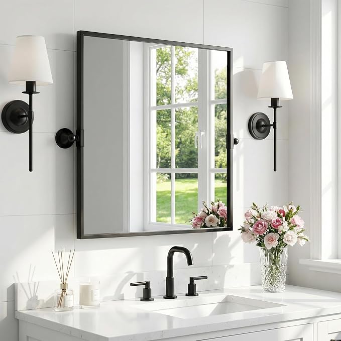 26"x26" Square Black Mirror,Pivot Mirror for Bathroom,Tilt Beveled Vanity Mirror,Metal Frame Piovting Mirror Hanging for Bedroom Entryway Living Room Farmhouse