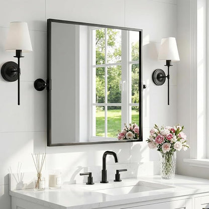 26"x26" Square Black Mirror,Pivot Mirror for Bathroom,Tilt Beveled Vanity Mirror,Metal Frame Piovting Mirror Hanging for Bedroom Entryway Living Room Farmhouse