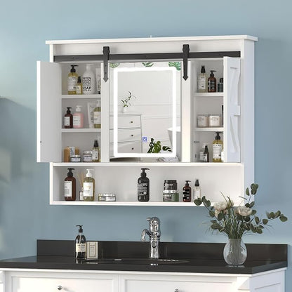 Farmhouse Lighted Medicine Cabinet with Mirror,Sliding Barn Door Mirrored Medicine Cabinet for Bathroom,3-Color Memory LED Medicine Cabinets Mirror Wall Mounted for Kitchen/Laundry,28x35