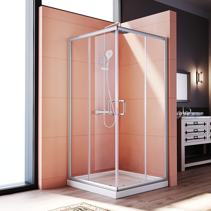 ELEGANT Corner Shower Enclosure 34'' D. x 34'' W. x 72'' H., Double Sliding Shower Door with 2 Stationary Panels, Shower Enclosure with 1/4'' Clear Glass, Brushed Nickel