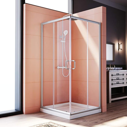ELEGANT Corner Shower Enclosure 34'' D. x 34'' W. x 72'' H., Double Sliding Shower Door with 2 Stationary Panels, Shower Enclosure with 1/4'' Clear Glass, Brushed Nickel