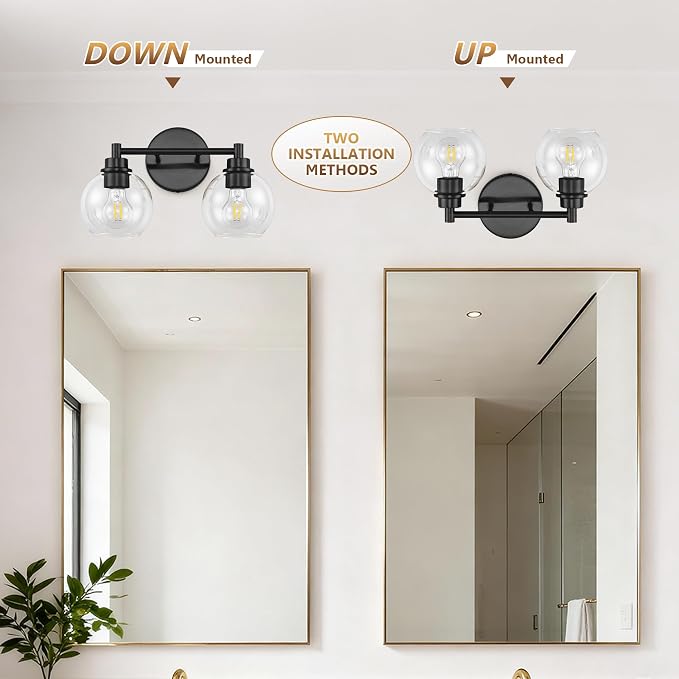 Bathroom Light Fixtures, Vanity Lights for Bathroom 2-Light Black, Bathroom Lighting Fixtures Over Mirror with Clear Glass Globe Shade, Bathroom Vanity Light for Living Room Kitchen Bedroom Hallway