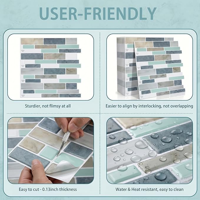Arttown Peel and Stick 3D Wall Backsplash, 10-Sheet, 12" × 12" Blue Gray | Subway Tiles Self Adhesive Thicker Design Wall Tile Panel Wallpaper for Kitchen Bathroom Balcony