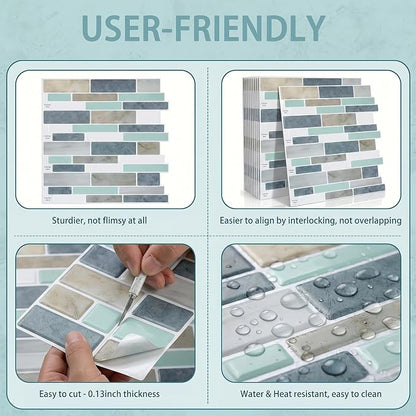 Arttown Peel and Stick 3D Wall Backsplash, 10-Sheet, 12" × 12" Blue Gray | Subway Tiles Self Adhesive Thicker Design Wall Tile Panel Wallpaper for Kitchen Bathroom Balcony