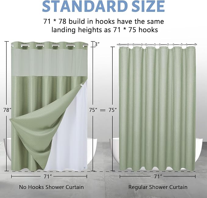 Furlinic No Hook Waffle Weave Shower Curtain with Snap in Fabric Liner,Honeycomb Textured Bathroom Curtains with See Through Top Window,Waterproof & Machine Washable,Sage Green,71x78 Inch