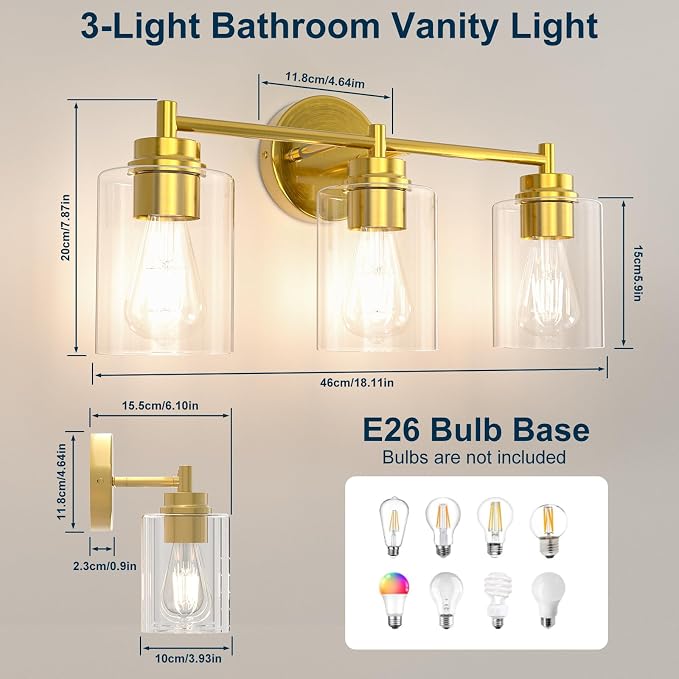 Bathroom Vanity Light Fixtures, 3-Light Brushed Gold Wall Sconce with Clear Glass, Modern Vanity Lights Over Mirror for Bathroom, Kitchen, Living Room, Mirror, E26 Base(Bulbs Not Included)