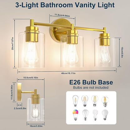 Bathroom Vanity Light Fixtures, 3-Light Brushed Gold Wall Sconce with Clear Glass, Modern Vanity Lights Over Mirror for Bathroom, Kitchen, Living Room, Mirror, E26 Base(Bulbs Not Included)