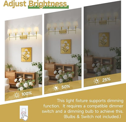 5-light Bathroom Vanity Light,41 IN Vintage Brass Bathroom Light Fixtures Over Mirror,Wall Lamps For Bedroom With Flared White Fabric Lampshade For Living Room,Foyer,Hallway,Hardwired,E12 Base
