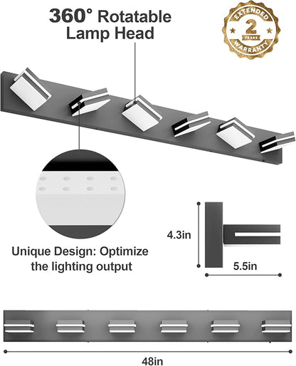 VOLISUN Modern Bathroom Vanity Light Fixtures (6-Light, 48-Inch), 5CCT Dimmable Lighting Fixtures Over Mirror, 360 Rotatable Head, Black LED Vanity Lights