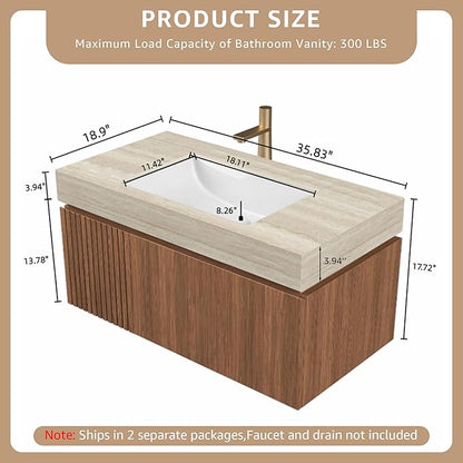 36” Floating Bathroom Vanity with Sink, Wall-Mounted Cabinet with Drawer & Doors, Roma Travertine-Pattern Countertop, Undermount Basin, Single Faucet Hole, Soft-Close, Pre-Assembled, Brown Oak