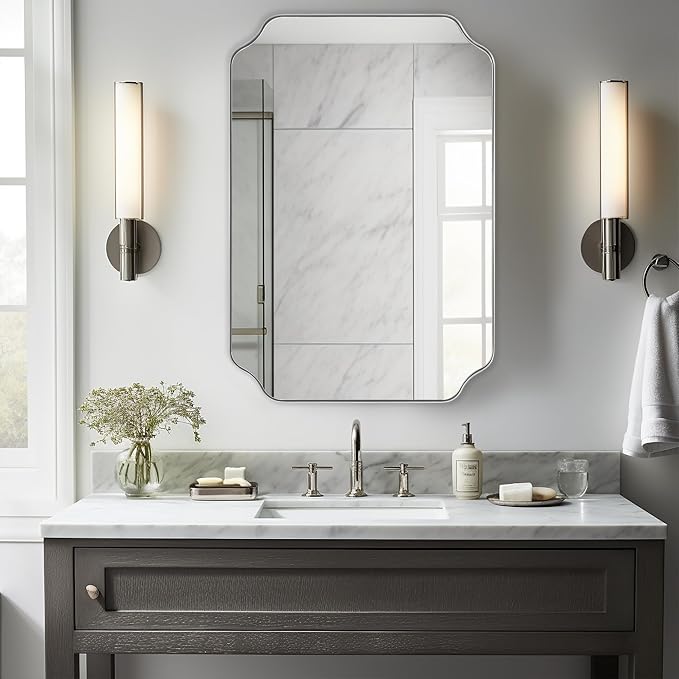 Scalloped Bathroom Mirror, 24x36 Inch Brushed Nickel Rectangle Mirror, Silver Bathroom Vanity Mirror, Silver Framed Mirror in Anti-Rust Stainless Steel Metal, Thin Frame Deep 1’’