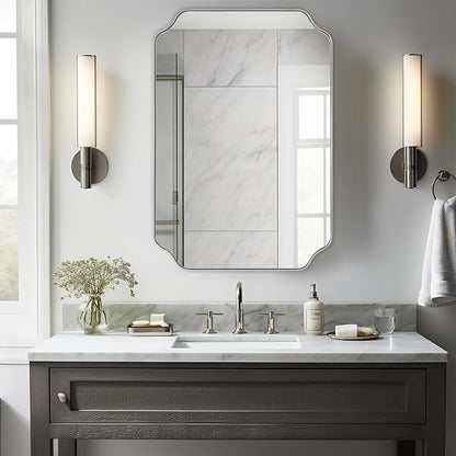 Scalloped Bathroom Mirror, 24x36 Inch Brushed Nickel Rectangle Mirror, Silver Bathroom Vanity Mirror, Silver Framed Mirror in Anti-Rust Stainless Steel Metal, Thin Frame Deep 1’’