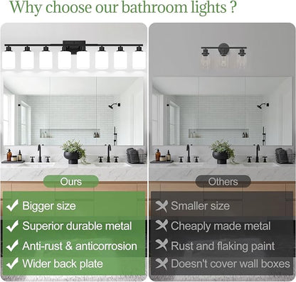 Indoi 8-Light Bathroom Light Fixtures, Matte Black Modern Vanity Lights with Milky White Shades, Bathroom Wall Lamp for Mirror Living Room Cabinet Bedroom Porch