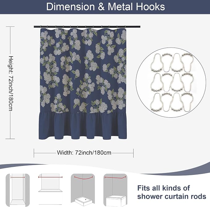 ORTIGIA Linen Textured Ruffle Shower Curtain with Metal Hooks, Vintage Navy Blue Hydrangea Floral Boho Waterproof Bath Curtain for Rustic Farmhouse Bathroom Decor 72x72 Inch