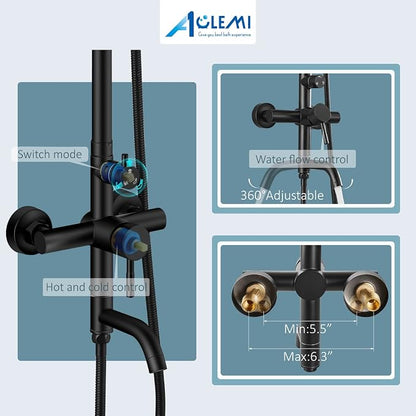 Aolemi Outdoor Shower SUS304 Outside Kit Handheld Tub Spout Matte Black | 8 Inch Head, Handheld Spray, Swivel Tub Faucet, Adjustable Height,Outside Exposed Shower Fixture,Single Handle,Wall Mount
