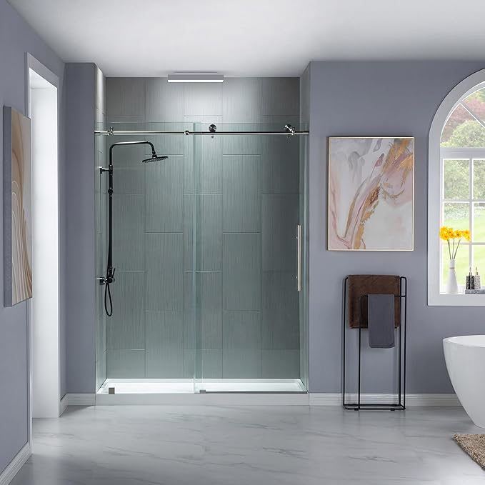 WOODBRIDGE 44-48"Wx76"H Frameless Shower Door,3/8(10mm)Clear Tempered Glass with Explosion-Proof Film, Brushed Nickel Finish with Smooth Closing Design