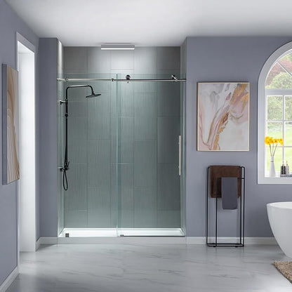 WOODBRIDGE 44-48"Wx76"H Frameless Shower Door,3/8(10mm)Clear Tempered Glass with Explosion-Proof Film, Brushed Nickel Finish with Smooth Closing Design