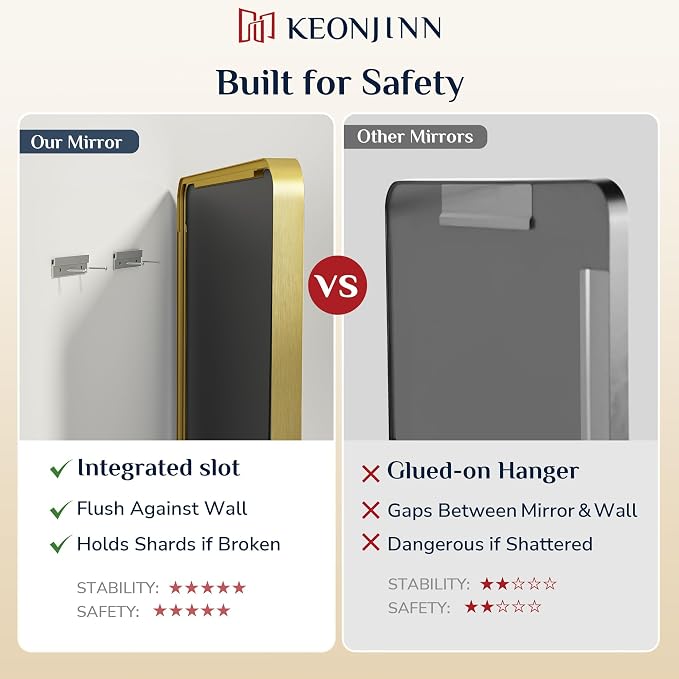Keonjinn 22 x 30 Inch Brushed Gold Bathroom Mirrors for Over Sink | HD Tempered Glass, Shatter-Resistant, Brass Vanity Mirror, Anti-Rust Aluminum Frame, Rounded Rectangle, French Cleat Mount
