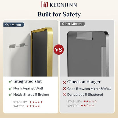 Keonjinn 22 x 30 Inch Brushed Gold Bathroom Mirrors for Over Sink | HD Tempered Glass, Shatter-Resistant, Brass Vanity Mirror, Anti-Rust Aluminum Frame, Rounded Rectangle, French Cleat Mount