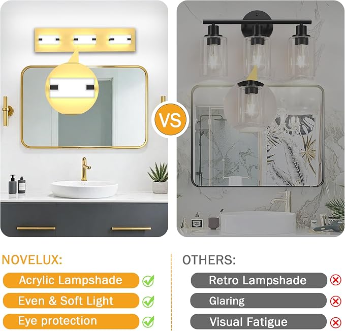 LED Bathroom Light Fixtures, 3-Light Modern Vanity Lights with Milky White Frosted Acrylic Shades, Gold Bathroom Lighting Fixtures Over Mirror, ETL Listed, 20W 5CCT Adjustable