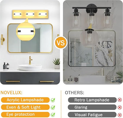 LED Bathroom Light Fixtures, 3-Light Modern Vanity Lights with Milky White Frosted Acrylic Shades, Gold Bathroom Lighting Fixtures Over Mirror, ETL Listed, 20W 5CCT Adjustable