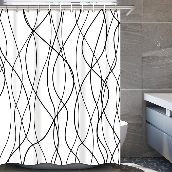 Striped Shower Curtain for Bathroom, White Black, 72" W x 78" L | with Hooks, Modern Hotel Style, Water Repellent, Washable, Weighted Hem