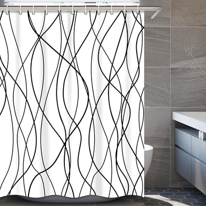 Striped Shower Curtain for Bathroom, White Black, 72" W x 78" L | with Hooks, Modern Hotel Style, Water Repellent, Washable, Weighted Hem