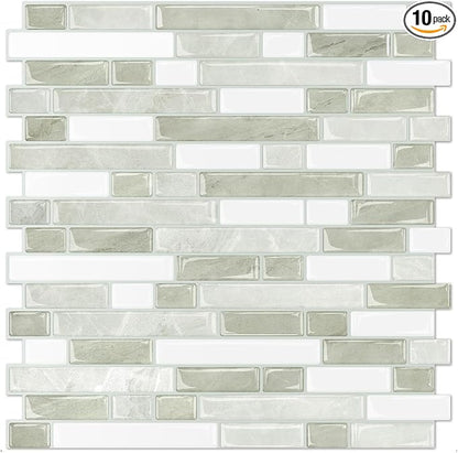 STICKGOO Thicker Peel and Stick Backsplash Tile for Kitchen and Bathroom | 10 Sheets of 12”×12” - 3D Vinyl Self Adhesive Wall Tiles Stick on Backsplash for Kitchen & Bathroom(Light Gray-Beige)