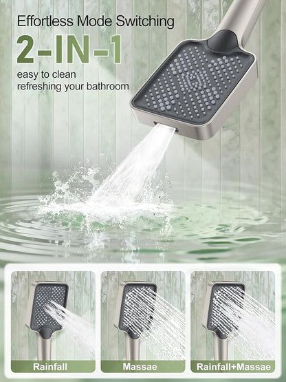 Woindo Shower Faucet Set, 10" Ceiling Mount Rainfall Shower System with 2 Rain Shower Head and Multi-function Handheld Head Push Button Diverter Shower Faucet Trim Kit