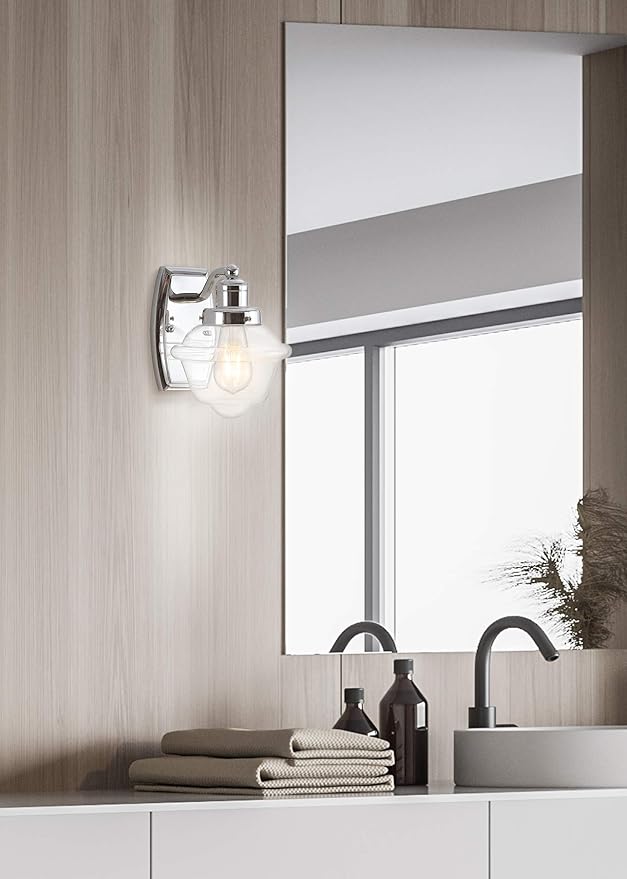 JONATHAN Y 7" Chrome 1-Light Schoolhouse LED Vanity Light, Mid-Century Wall Sconce for Bathroom Kitchen Hallway, Clear Glass Shade, 2700K LED Bulb Included JYL3530A