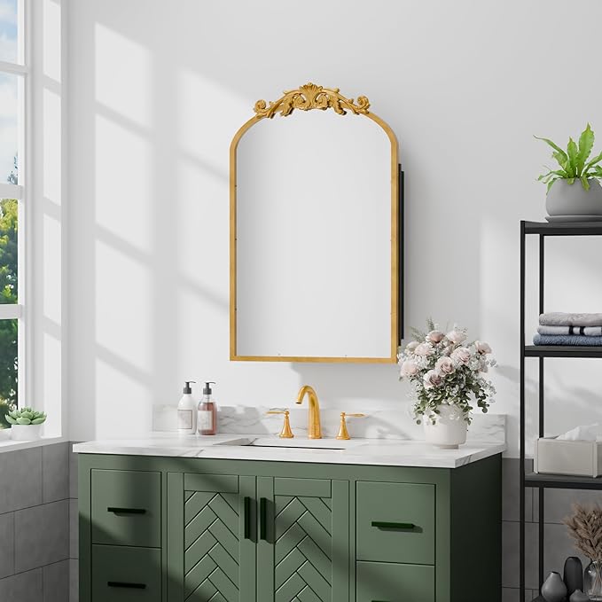 Casaphoria 30" H x 20" W Arched Bathroom Medicine Cabinet with Mirror, Carved Metal Frame and Wall Medicine Cabinets Mirrors, Gold O