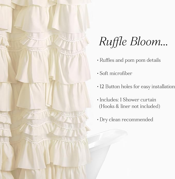 Lush Decor Kemmy Ruffled Shower Curtain, Single, 72" W x 72" L, Ivory - Bathroom Curtain - Fabric Shower Curtains for Bathroom - Coquette Decor
