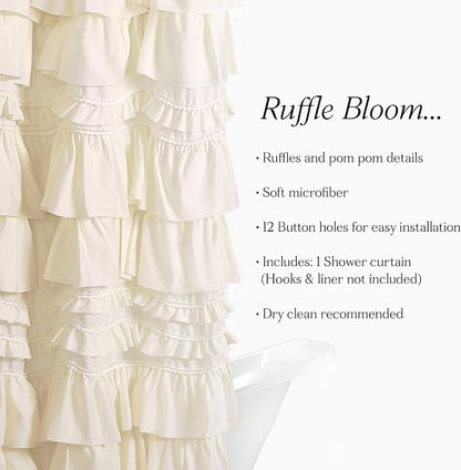 Lush Decor Kemmy Ruffled Shower Curtain, Single, 72" W x 72" L, Ivory - Bathroom Curtain - Fabric Shower Curtains for Bathroom - Coquette Decor