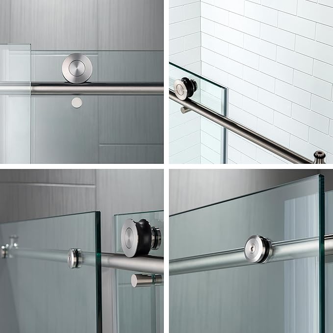 WOODBRIDGE 44-48"Wx76"H Frameless Shower Door,3/8(10mm)Clear Tempered Glass with Explosion-Proof Film, Brushed Nickel Finish with Smooth Closing Design