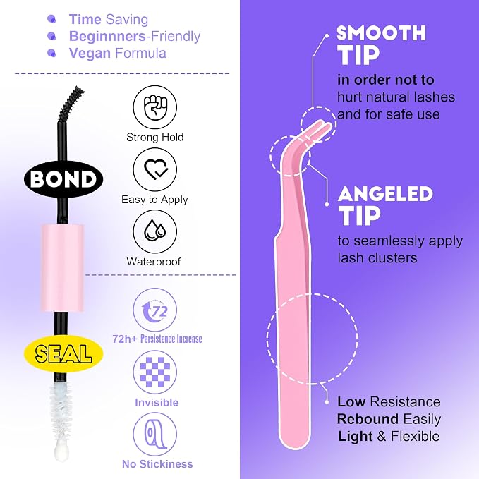 Lash Extension Kit Individual Lash Clusters Kit 40D 50D Eyelash Extension Kit 8-16mm Eyelash Clusters with Lash Bond and Seal, Lash Tweezers for Beginners (40D&50D, 0.07D, 8-16mm, Kit)