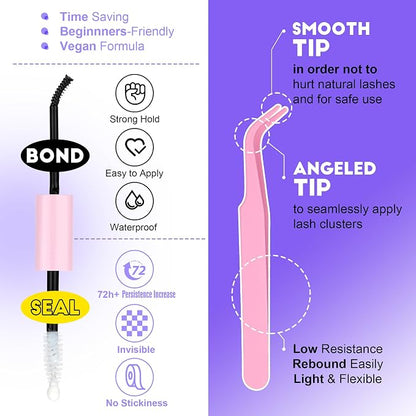 Lash Extension Kit Individual Lash Clusters Kit 40D 50D Eyelash Extension Kit 8-16mm Eyelash Clusters with Lash Bond and Seal, Lash Tweezers for Beginners (40D&50D, 0.07D, 8-16mm, Kit)