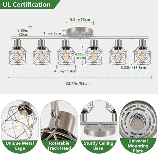 6-Light Brushed Nickel Multi-Directional Semi Flush Mount Ceiling Light, Kitchen Light Fixtures Ceiling Mount, Modern Metal Cage Close to Ceiling Lamp for Dining Room Hallway Entryway