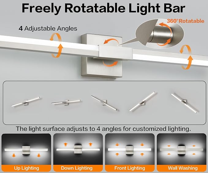 SOLFART Vanity Lighting Fixtures 48-Inch: Brushed Nickel Dimmable Bathroom Light Fixtures Over Mirror, Built-in Dimmer, Thickened Aluminum Body, 360 Degree Rotation, ETL IP44