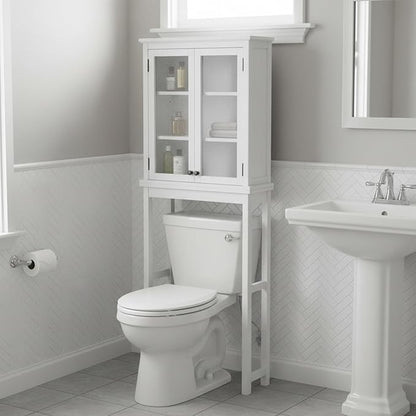 Alaterre Furniture Dorset Over-The-Toilet Storage Cabinet with Tempered Glass Doors – White Wood Bathroom Space Saver Organizer with Adjustable Shelves, Hutch & Wall Mount Hardware